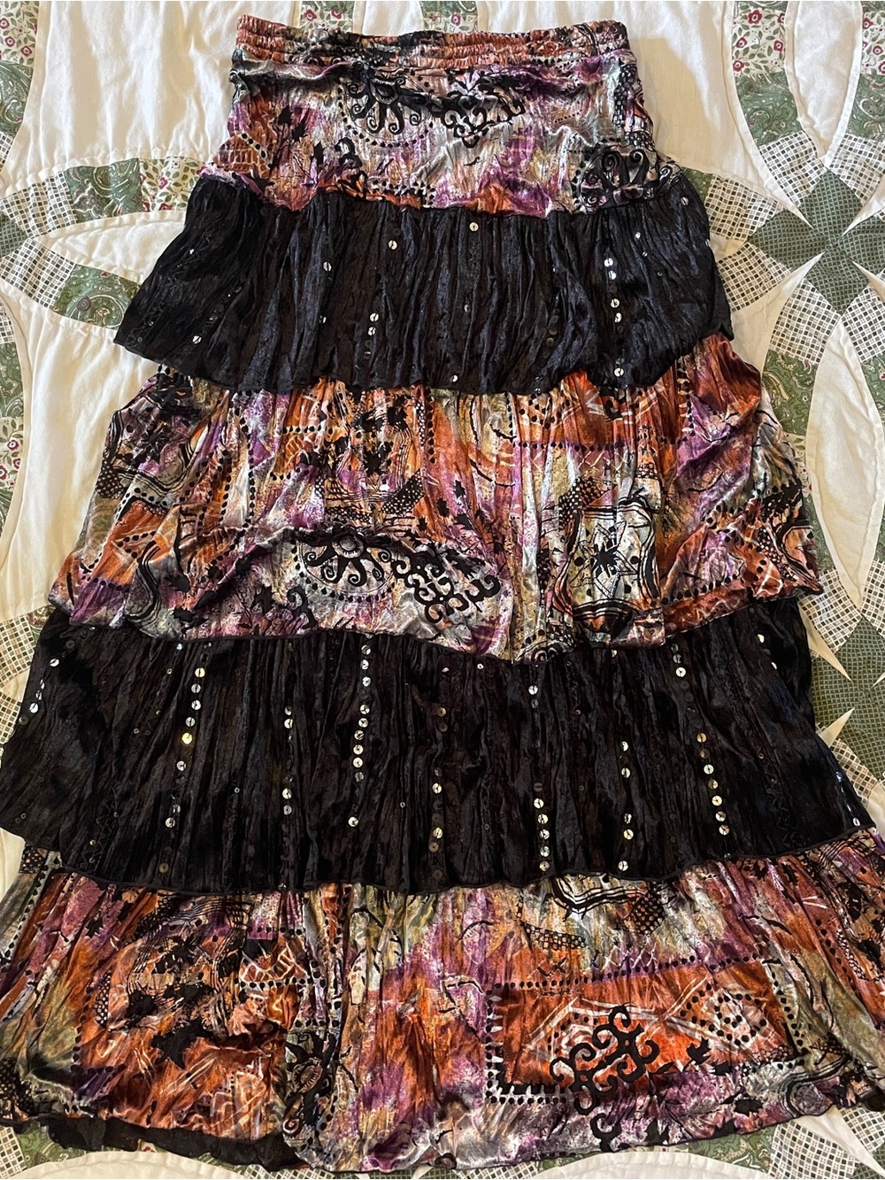 Vintage Boho Tiered Ruffle Maxi Skirt in Black Purple Orange Print Sequin Medium